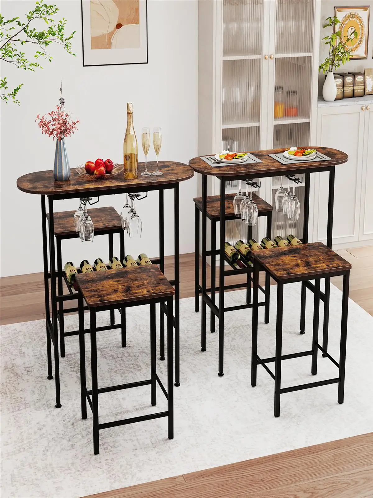Bartisch mit Barhocker-Set, 2-Personen-Bartisch-Set mit Haltern für Weingläser und Flaschen – Detail 1
