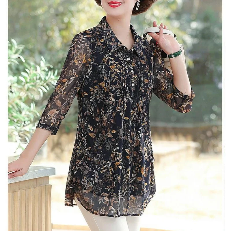 2023 New Spring and Summer Fashion Trend Polo Collar Print Button Casual Loose Cover Belly Oversized Temperament Women's Shirt