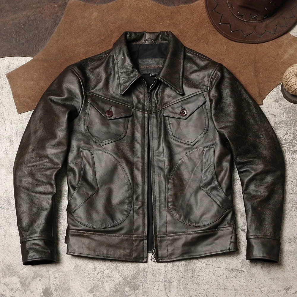 

American Retro Mendoza Leather Coat with Wax Cowhide Lapels Short Tooling Coat Leather Farmer Leather Jacket