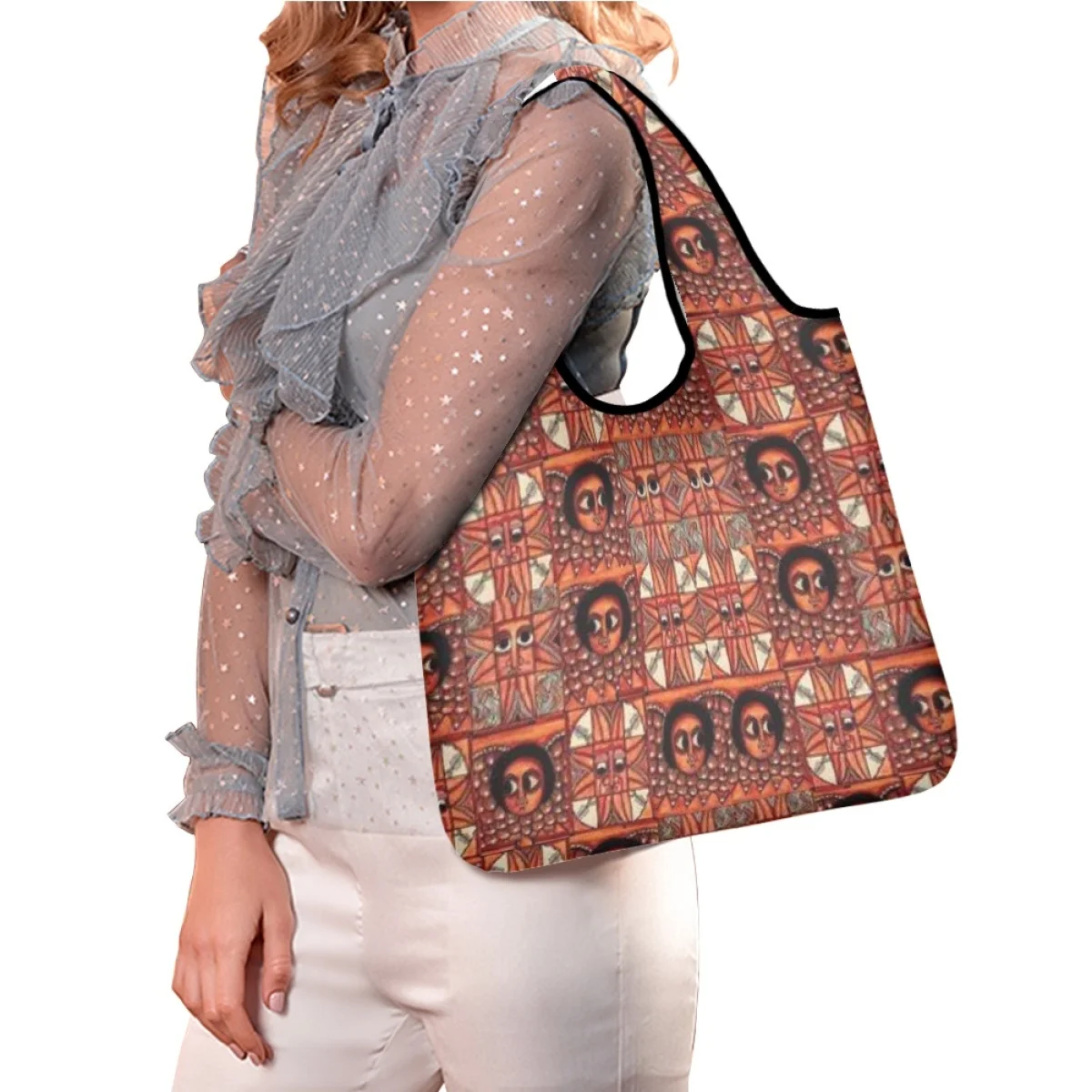 

TOADDMOS Ethiopian Art Culture Printed Reusable Shopping Bag Large Portable Foldable Shoulder Handbag Home Travel Organizer Gift