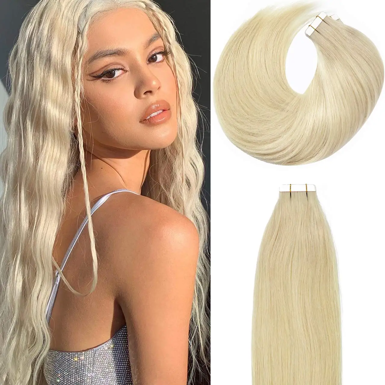 Full Shine Tape in Extensions White Blonde Platinum Blonde Hair #60 Straight Human Hair Extensions for Women 20Pieces 50Grams