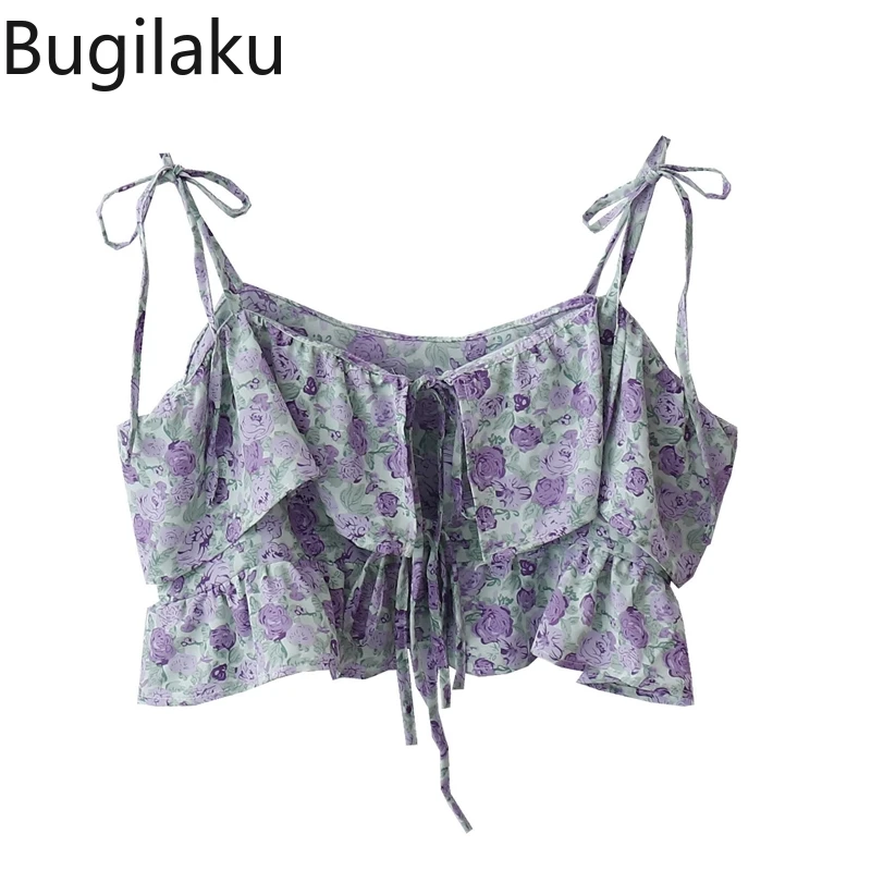 Bugilaku Summer New Arrival Camisole Women Flower Printed Lace Up Slim Fit Tank Tops Fashion All-match Ruffles Debardeur Femme green bra