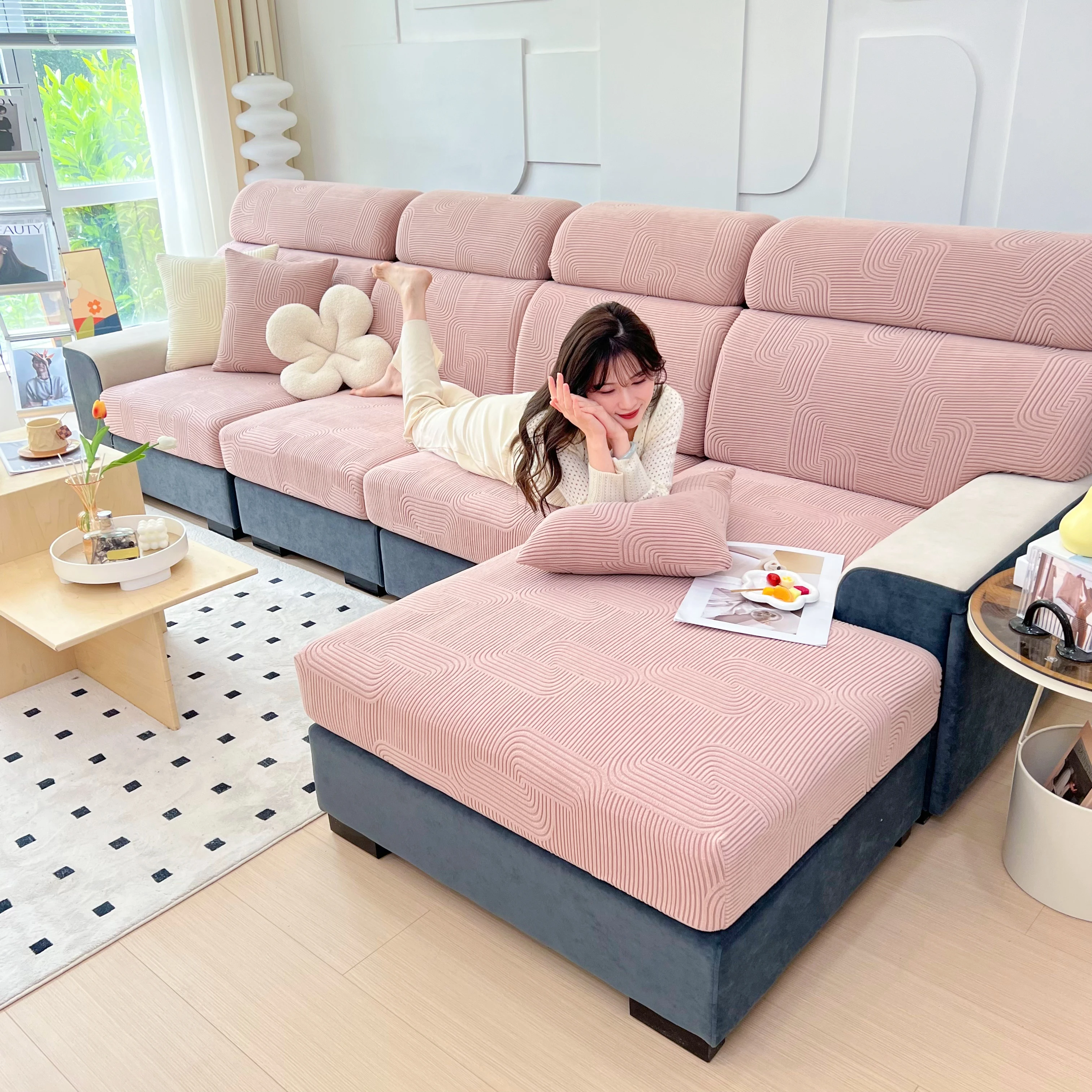 Sofa Seat Cushion Cover for Living Room Jacquard Thicken Stretch Removable Washable Sofa Cover Pets Kids Furniture Protector 6