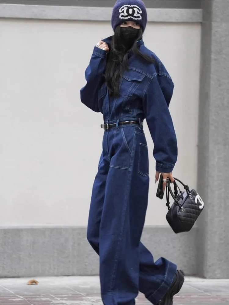 Blue Design Denim Jumpsuit Women'S Spring And Autumn Collar Fashionable Workwear Large Pocket Loose Pants 4