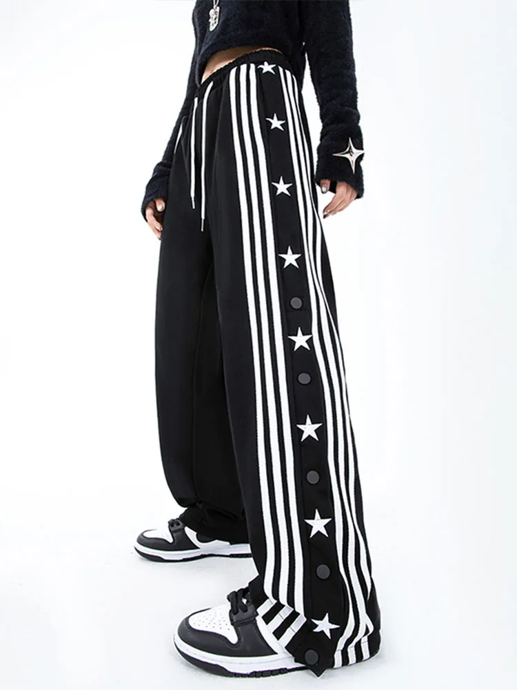 

Women Casual Trousers Joggers Sweatpants Button Wide Leg Pants Women Stripe Hip Hop Sweat Pants Streetwear Female Vintage Black