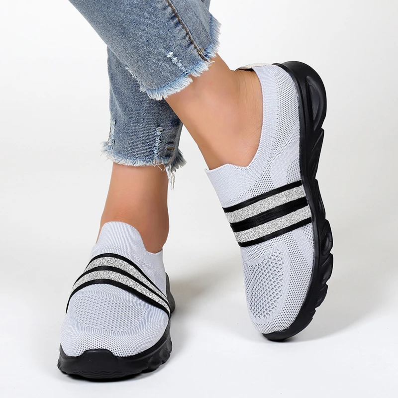 

Women's Breathable Mesh Sneakers Striped Knitted Slip On Walking Shoes Women Comfortable Soft Sole Casual Flats Plus Size 42