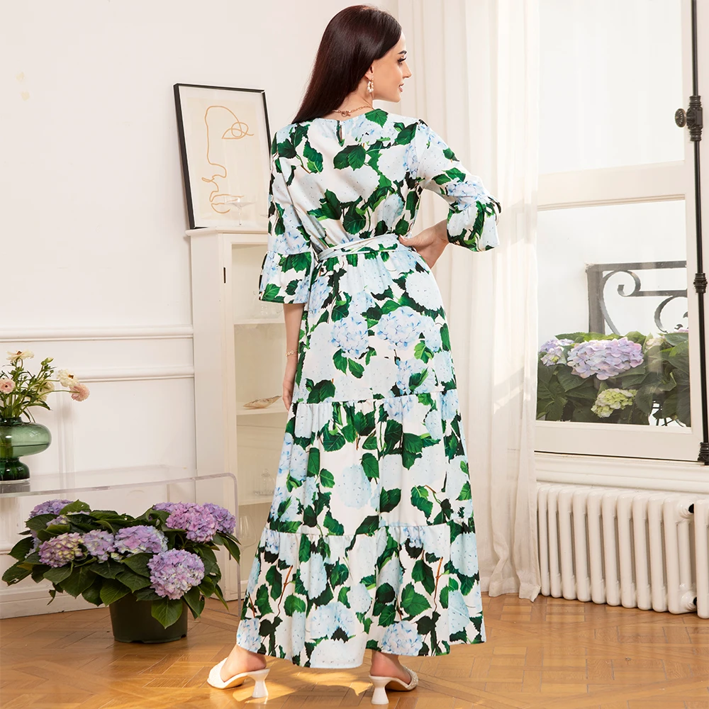 Elegant style Round neck Flowers Plant Belt Ruffle Lantern sleeve Long Dresses
