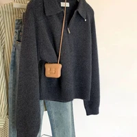 Dark Gray Polo Collar Half Zipper Sweater Women Autumn And Winter 2025 New Lapel Small Sweater Top - Image 3