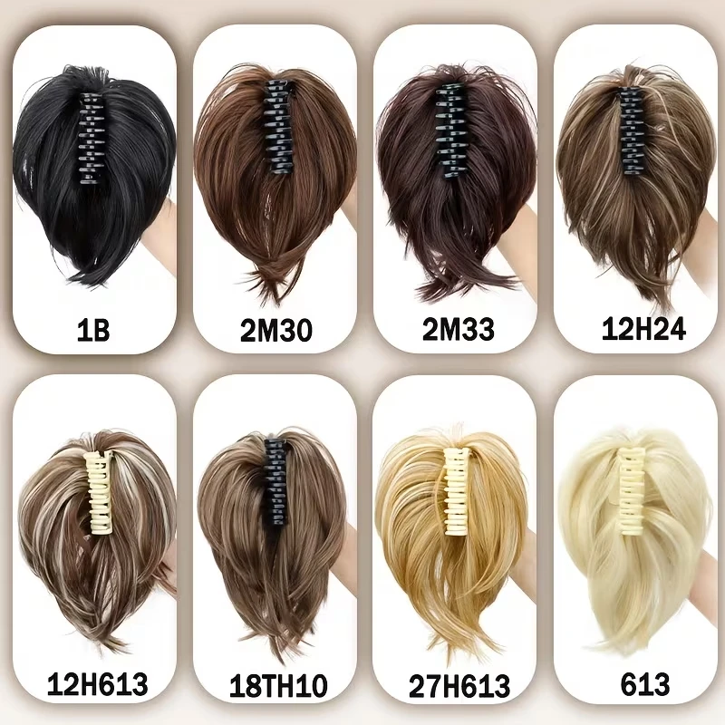 Extension per capelli sintetici a coda di cavallo corta e liscia, chignon disordinato con clip a griffe per donna, uso quotidiano - immagine 3