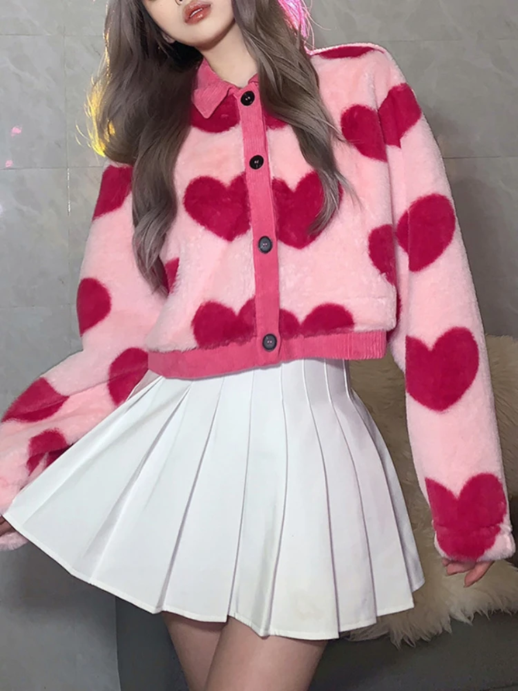 

Kalevest Sweet Girl Cute Pink Love Contrast Woolen Loose Comfortable Warm Short Top Coat Women Winter Button Cardigan Jackets