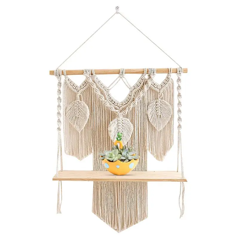 

Bohemian Macrame Wall Hanging Shelves Boho Decorative Rustic Wood Wall Floating Plants Shelves With Handmade Woven Rope