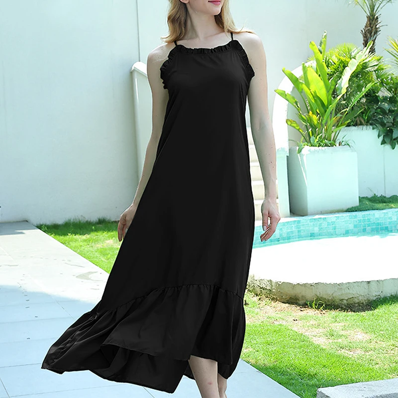

2024 new summer fashion women's lace collar solid color suspender long casual loose dress