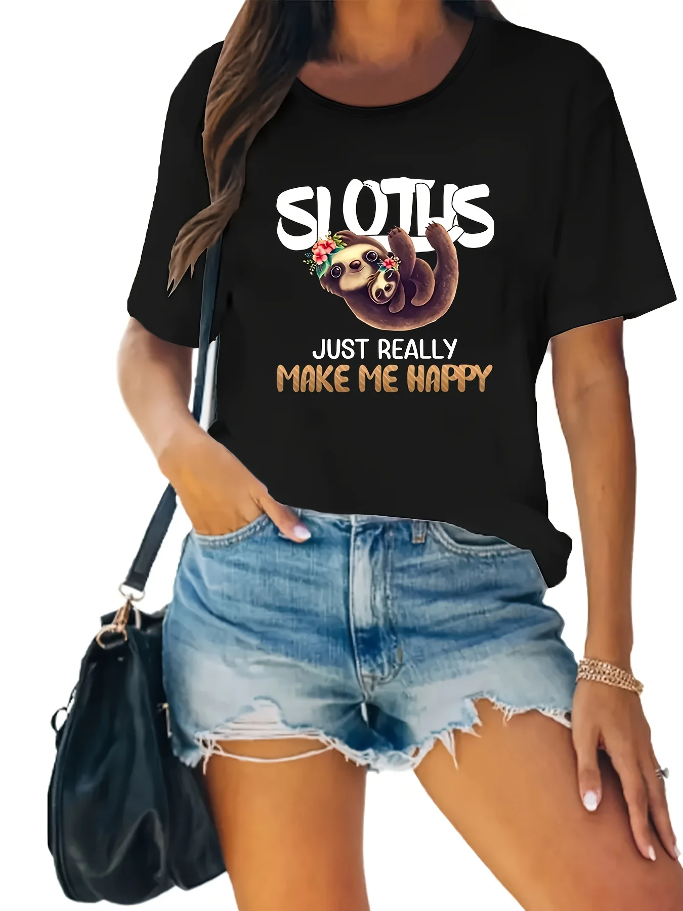 

Sloth Print Causal Short Sleeves Workout Tops, Round Neck Sports T-shirt, Women's Activewear