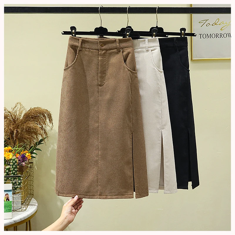 

Retro Corduroy Skirt Women's Autumn and Winter New Design Pocket Midi-Length Skirt A-Line Slit Covering Hips and Over Knee Skirt