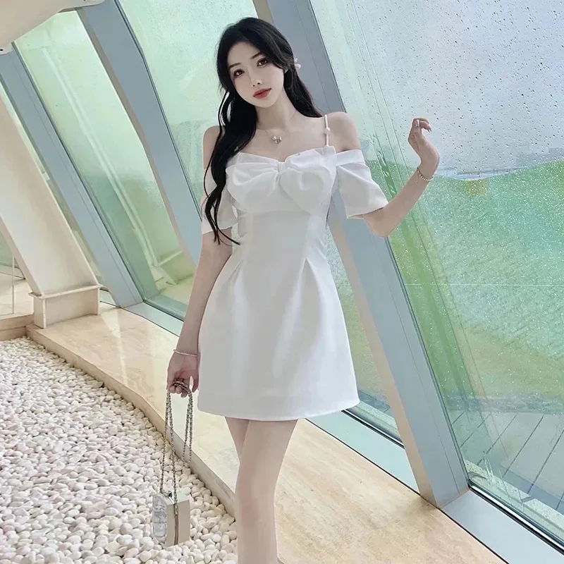 Zoki Bow Sexy Slash Neck Dress Women Summer Korean Elegant