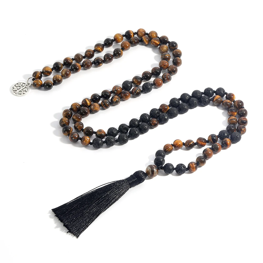 

OAIITE Natural Yellow Tiger Eye Volcano lava 108 Mala Bead Pendant Necklace Tree of Life Prayer Necklace Handmade Jewelry Gift