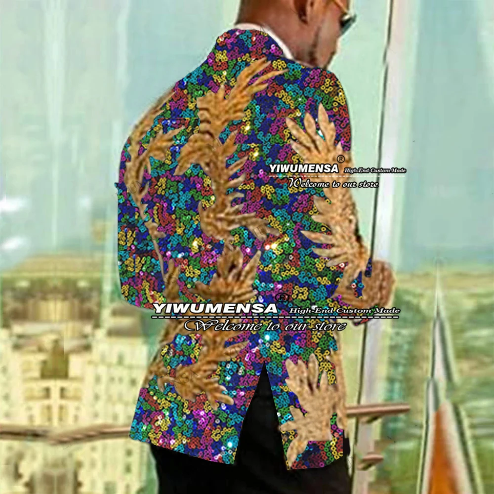 Colorful Shiny Wedding Tuxedo Tailor-Made Suits Mens Masculino Black Lapel Gold Appliques Jacket+Pants Traje De Hombre Para Boda