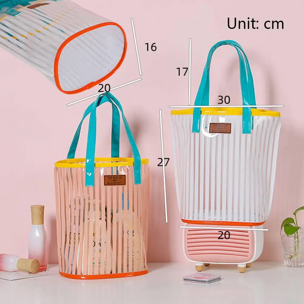 Large Capacity Transparent Handbag Waterproof Stripe Print Beach Bag Wash Bag Protable Travel Shopping Sundry Storage