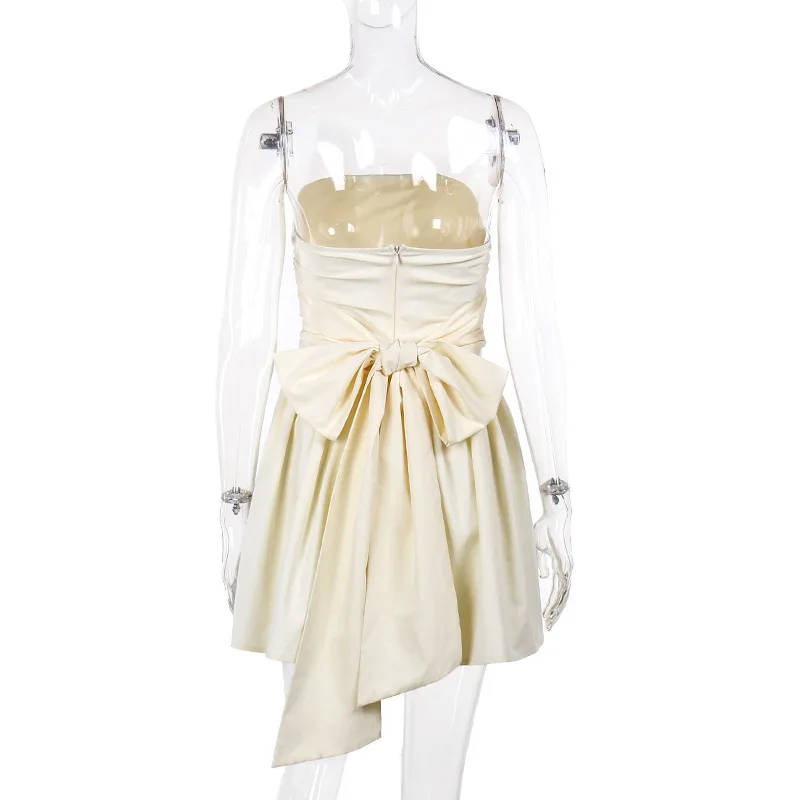 Tee Bow Bandeau Pleated Mini Dress For Women Fashion Sleeveless Patchwork Bandage Party Dress Female Lace-Up Y2k Dress New