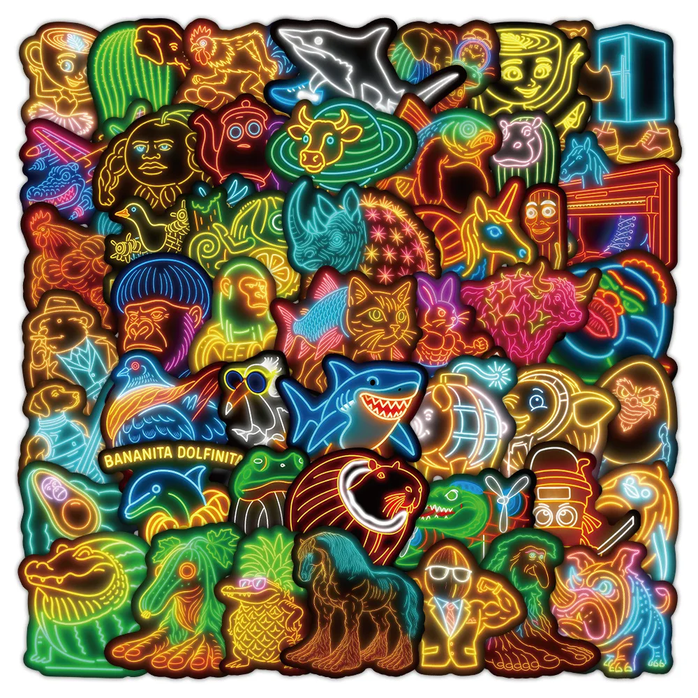 Neon Abstract Animal Stickers 50Pcs Tung Tung Sahur Italian Brainrot Animals Cartoon Decal DIY Luggage Phone Cup Guitar Stickers
