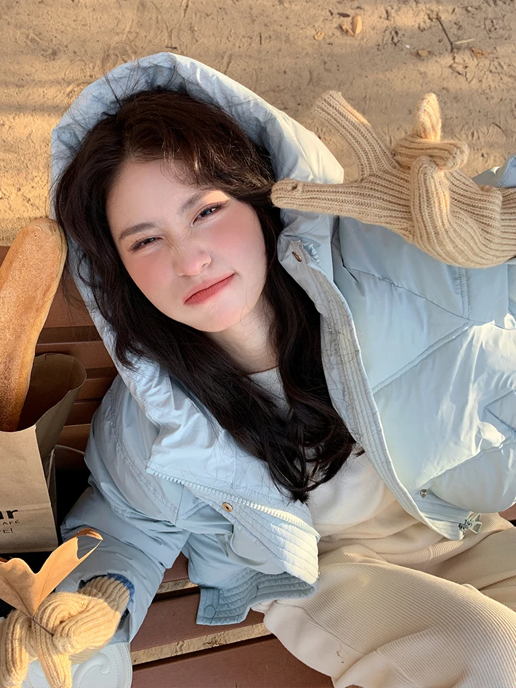 Fashion Solid Color Long Sleeve Women's Short down Jacket 2023 New Winter Hooded Collar Sweet Cute Slim-Fit down Jacket