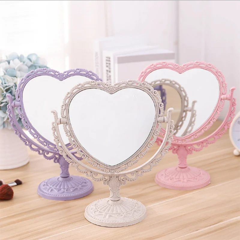 Heart Shaped Makeup Mirror Vintage European Style Acrylic Single Side 360 Degree Swivel Desktop Tools