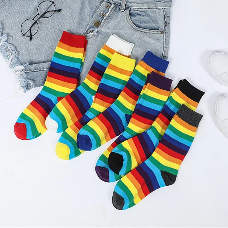 Women Sock Rainbow Striped Elasticity Sweat Long Sock Sporty 1 Pair