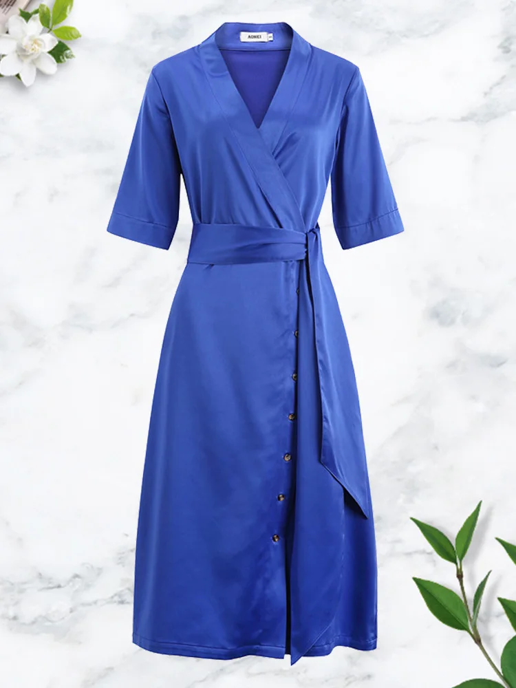 

Plus Size Women Shirt Dresses Half Sleeve A Line High Waist with Sashes V Neck Casual Robes Knee Length Office Lady Wear XXXL