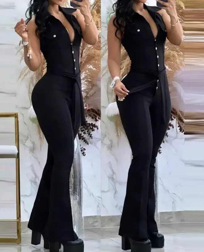 Jumpsuit Women 2023 Summer Fashion Turn Down Collar Sleeveless Sexy Plain Tied Detail Skinny Long Flared Jumpsuit Y2K Streetwear
