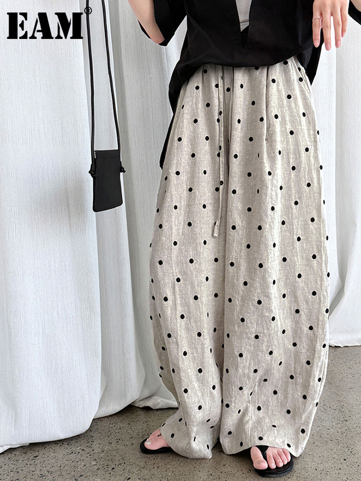 [EAM] High Elastic Waist Linen Dot Embroidery Wide Leg Long Pants New Trousers Women Fashion Tide Spring Autumn 2026 1DJ1548