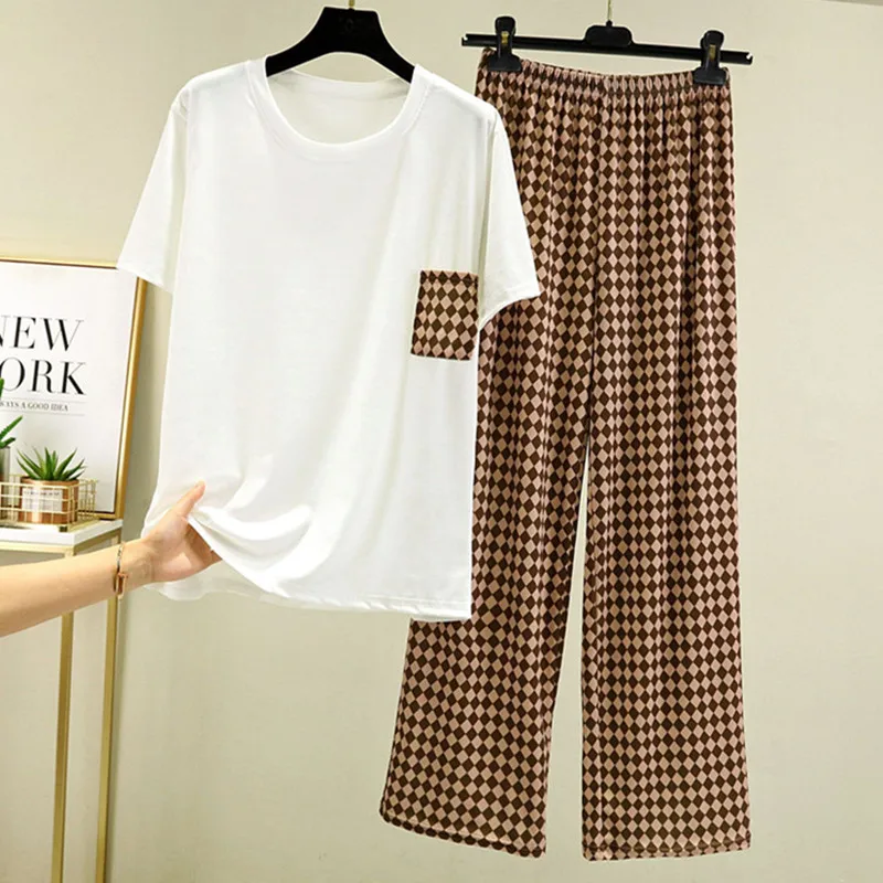 

Fdfklak New Pajamas For Women Short-Sleeve T-Shirt Plaid Wide-Leg Pants Two Piece Set Summer Sleepwear Home Clothes Pocket