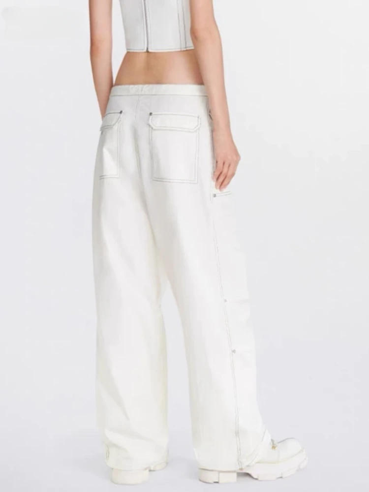 2024 New Top Quality Solid White Women High Street Pants Bright Line Decoration Pockets Drawstring Cargo Pants Spring Summer