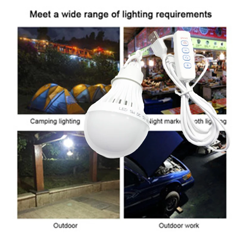 Camping LED Light 5W Usb Emergency Bulb 3-color Dimmable Hanging Tent Light Barbecue Fishing Repair Outdoor Equipment