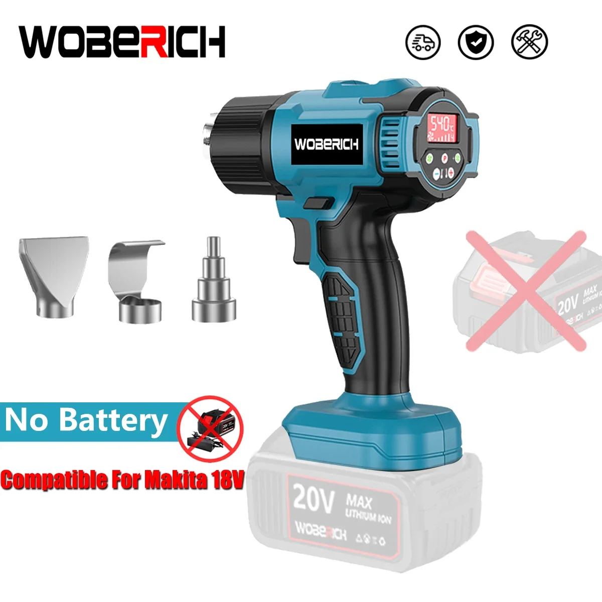 WOBERICH Cordless Heat Gun Wind Speed Optional Temperature Adjustment With LED Temperature Display Cordless Hot Air Gun No Battery, cordless heat gun wind speed optional temperature adjustment with LED temperature display cordless hot air gun no battery