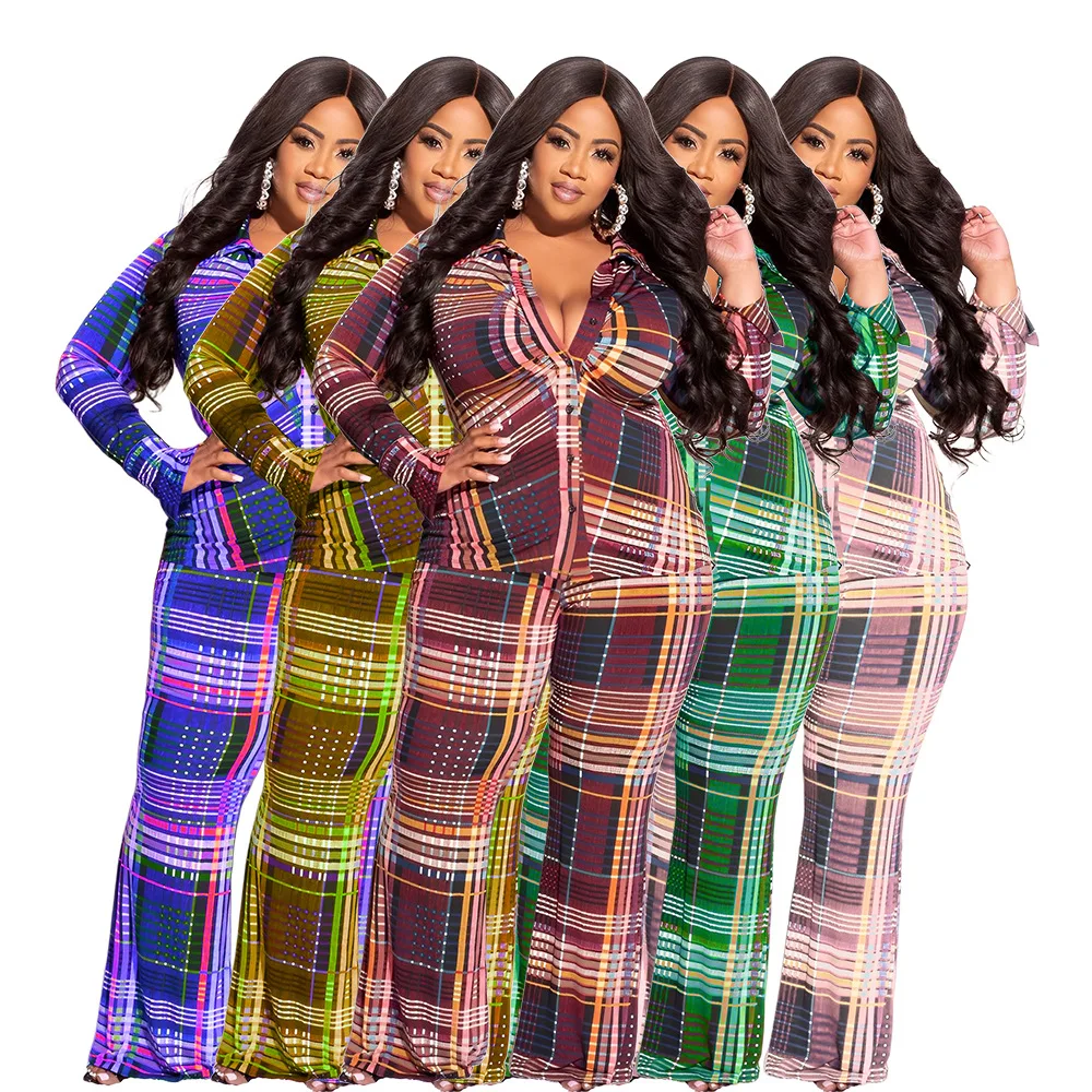 

Large Size Lattice Women Two Pieces Sets Autumn Sexy Plaid Long Sleeve Shirt Wide Leg Pants Chequer V-neck Fashion Female Suits