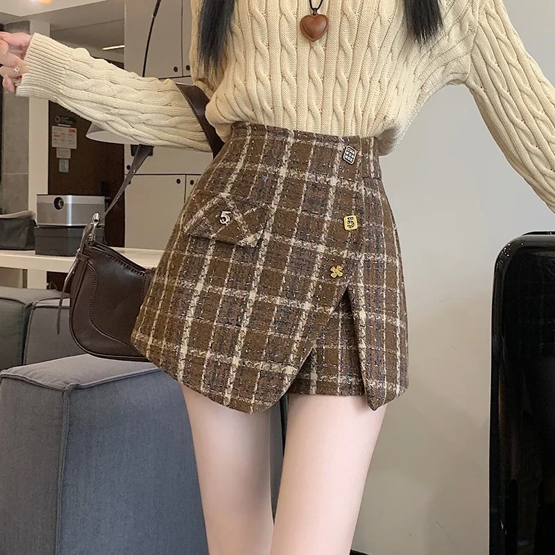 Winter American Style Women Shorts High Waist Irregular A-line Slim Thin Office Lady Fashion Basics Plaid Short Skirts Female