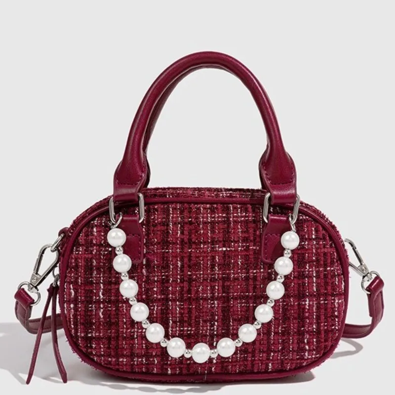 Luxury Designer PU and Wool Pearl shoulder strap Women's Handbag Retro Crossbody Bag Pillow Boston Tote small Winter Trendy