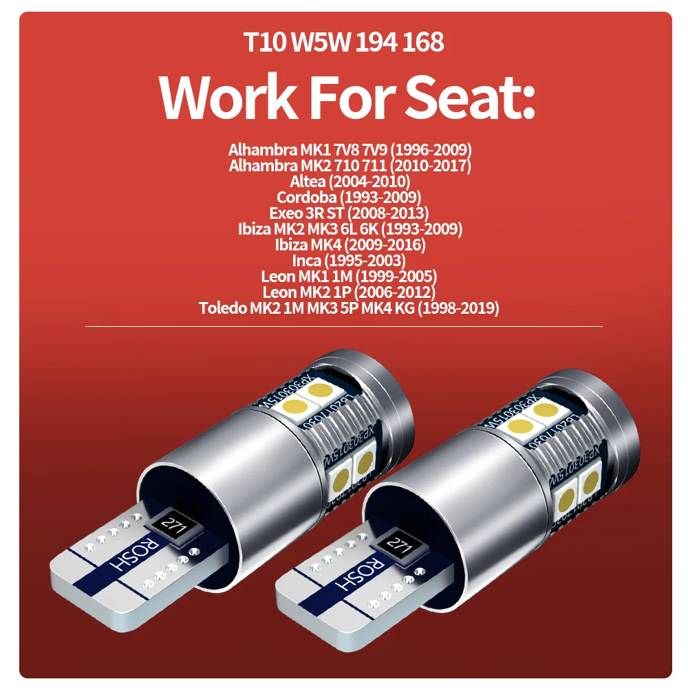 2개입 W5W T10 LED 클리어런스 라이트 전구 램프 캔버스 시트 이비자 2 3 MK2 MK3 MK4 6L 6K 레온 MK1 1M 1P 톨레도 인카 알테아 알함브라용