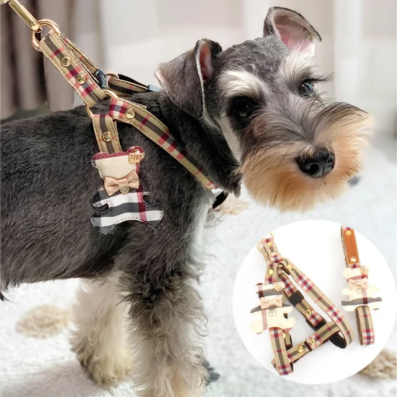 Guinzaglio Per Imbracatura Per Cani Da Compagnia 2 Set Classic Check Bow Teddy Collar Dog Walking Rope Chain For Small Medium Pet Harness Suit Guinzag