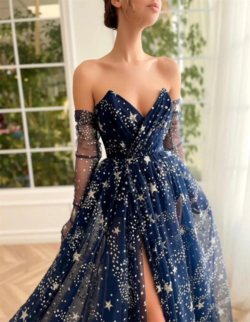 

Saudi Arabic Fairy A-line Dark Blue Star Prom Dress Sweetheart Long Party Evening Dresses Sexy High Side Split Vestidos De Noche