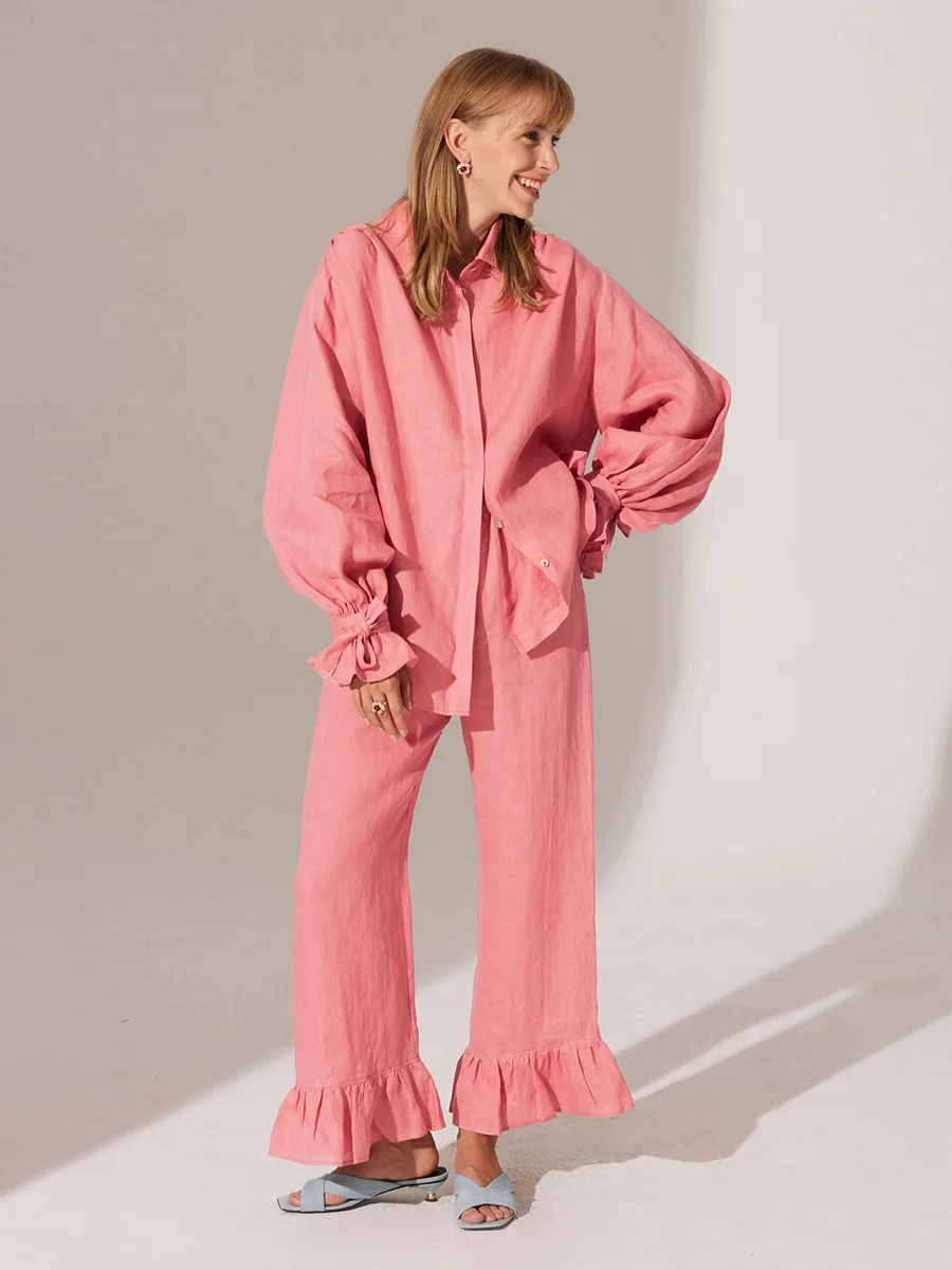 Bornladies 100% Cotton Fashionable Ruffled Shirt Pants Set Woman's Autumn New Flared Sleeve Cardigan Pants Set