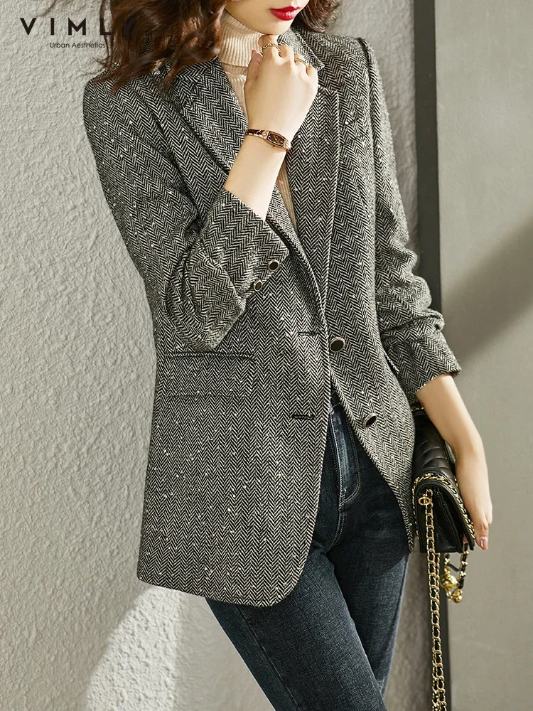 VIMLY Sequins Wool Blend Blazer Women Spring Jackets 2024 Warm Outerwears Vintage Elegant Casual Business Woolen Tailored Coat