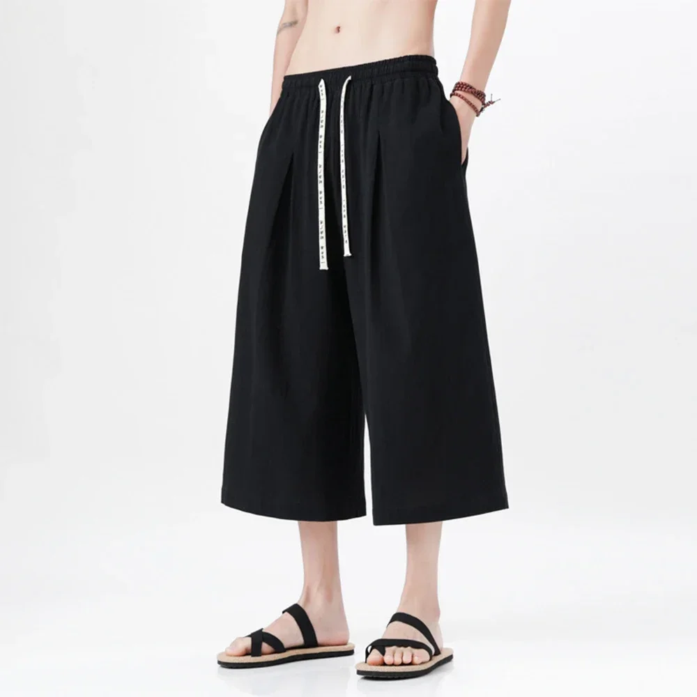 Summer Causal Men Baggy Linen Pants Loose Wide Leg Calf-Length Joggers Man Fashion Japanese Kimono Linen Breathable Trouser Pant