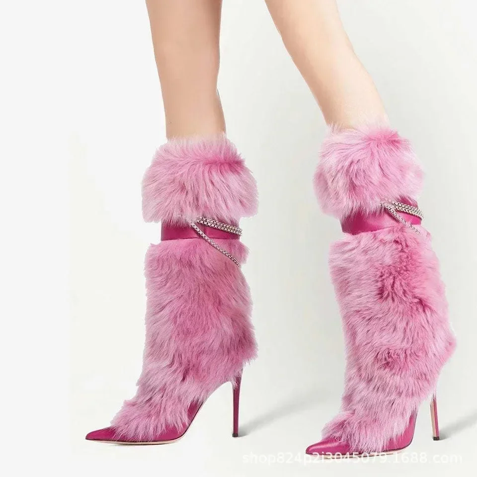 

Designer Niche High-heeled Furry New Boots Autumn/winter Pink Fashion Boots Warm Cowhide Fox Hair Zapatos De Mujer Woman Shoes