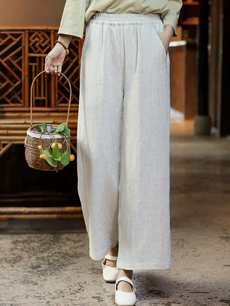 

Wide Leg Linen Trousers Women Casual Retro Pant Spring Summer M-2XL