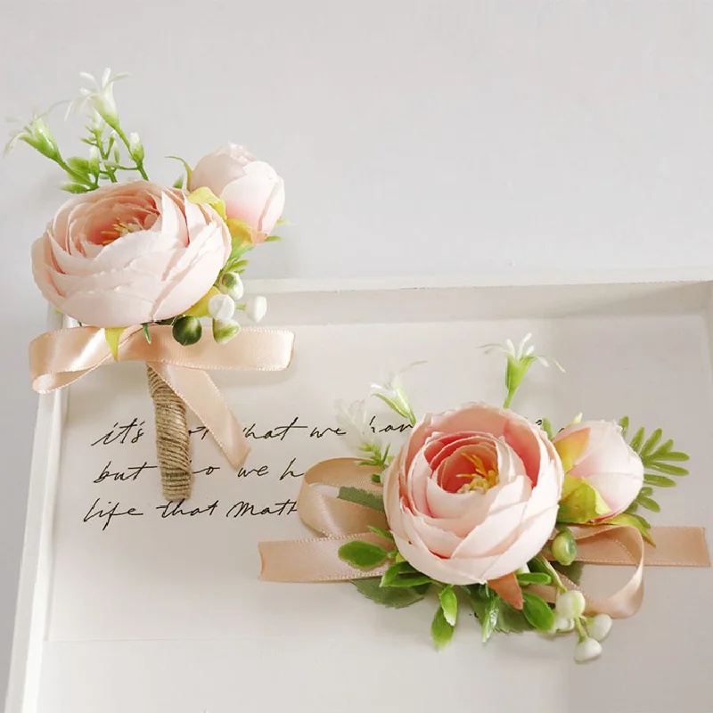 Boutonniere And Wrist Corsage Business Celebration Breast Flower Wedding Supplies Cinema Champagne Wrist Flower 305