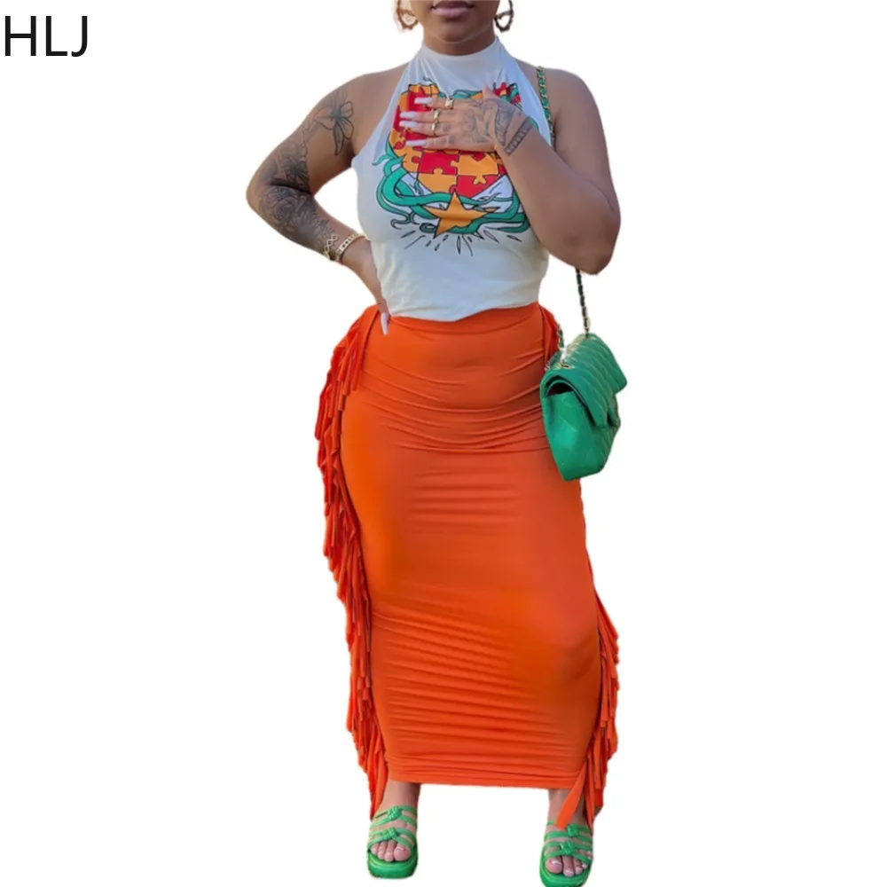 HLJ Summer New Pattern Print Tassels Skinny Skirts Two Piece Sets Women O Neck Sleeveless Top + Skirts Outfits Female Streetwear