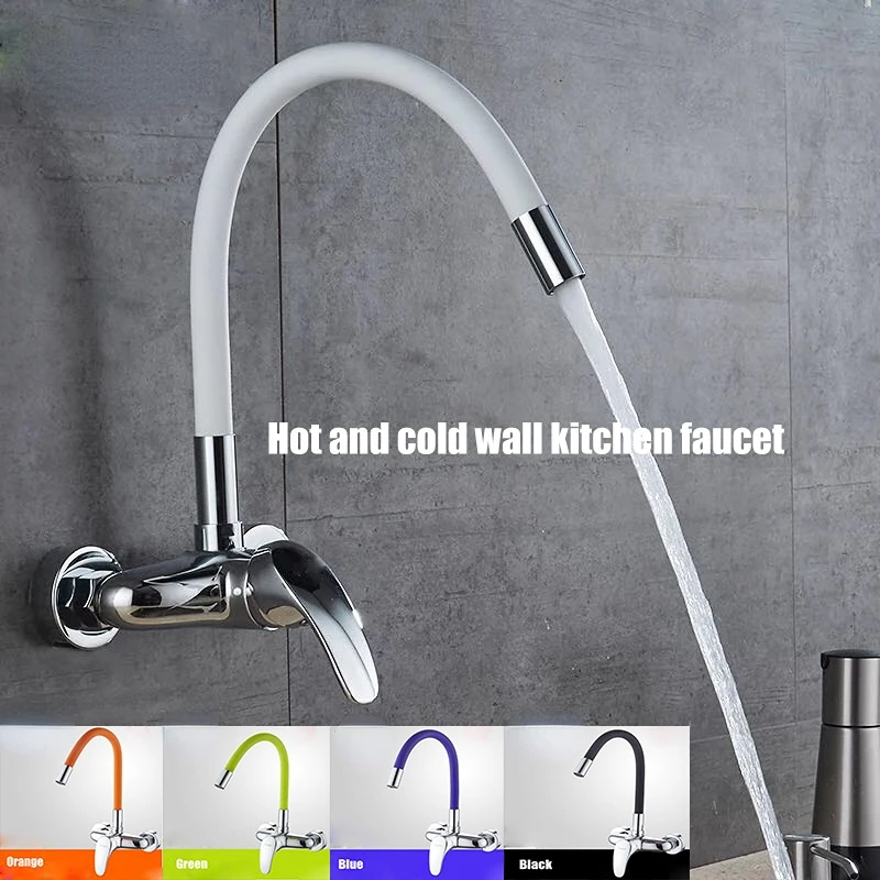 Double hole faucet Universal rotation Copper   Hot&cold wall  Kitchen sink mixer Tap