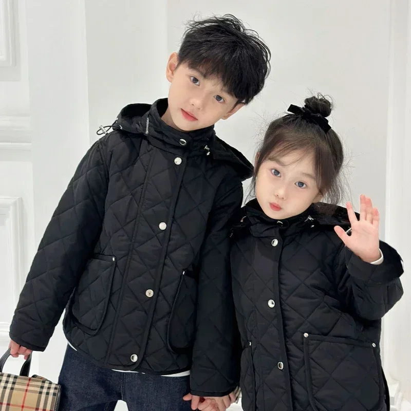 Korean Boys Girls Stand Collar Hooded Cotton Children's Coatwinter Waterproof Thick Warm Parent-Child Winter Outerwear