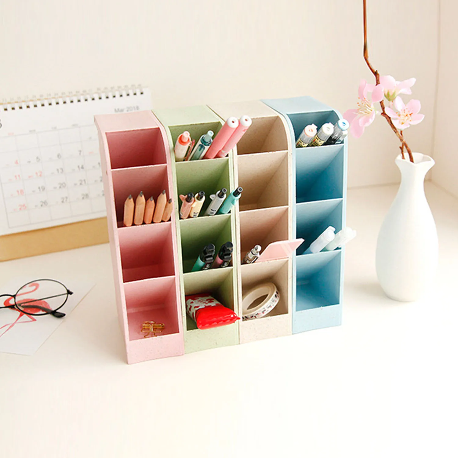 Multi-function 4 Grid Desktop Pen Holder Durable Desk Pencil Organizers Stationery Stand Box for Home Office Classroom Keep Tidy